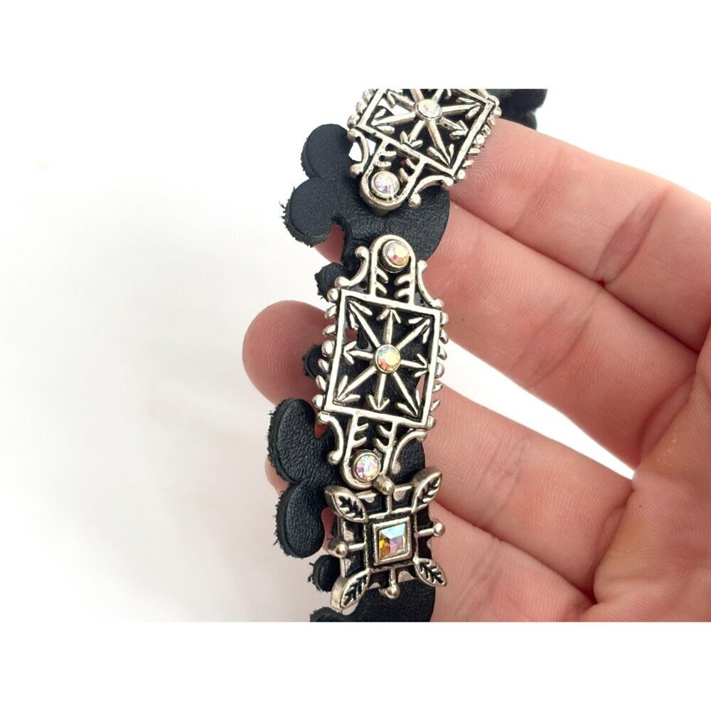 Faux Black Leather Boho Gemstone Silver T Adjustable Vintage Bracelet - 7" - 9" - Picture 8 of 14